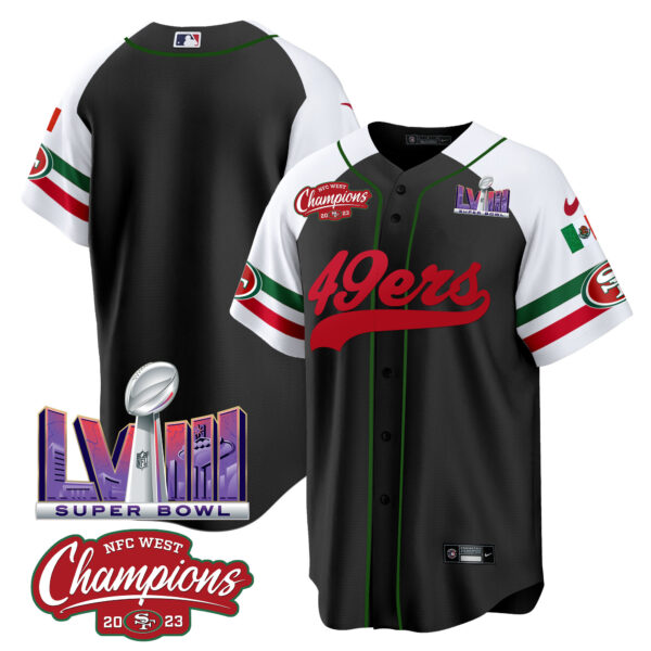 Men's 49ers Mexico NFC West Champions & Super Bowl LVIII Patch Baseball Jersey - All Stitched - Image 50