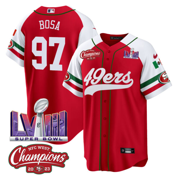 Men's 49ers Mexico NFC West Champions & Super Bowl LVIII Patch Baseball Jersey - All Stitched - Image 57
