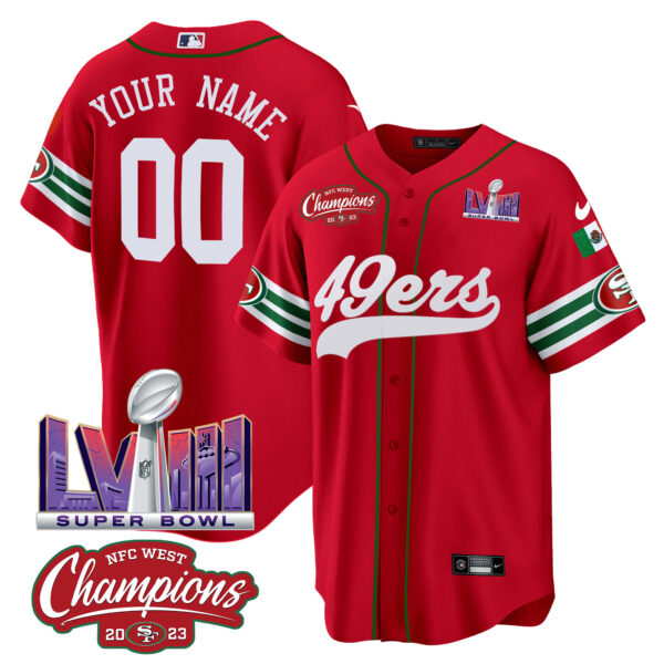 49ers Mexico NFC West Champions & Super Bowl LVIII Patch Baseball Custom Jersey - All Stitched - Image 3