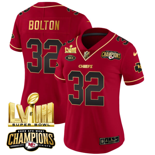 Women's Chiefs AFC West Champions & Super Bowl LVIII Gold Patch Vapor Jersey - All Stitched - Image 27