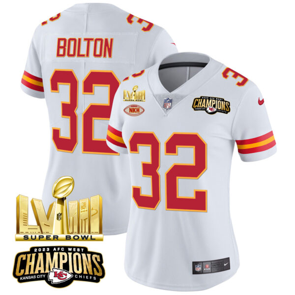 Women's Chiefs AFC West Champions & Super Bowl LVIII Gold Patch Vapor Jersey - All Stitched - Image 48