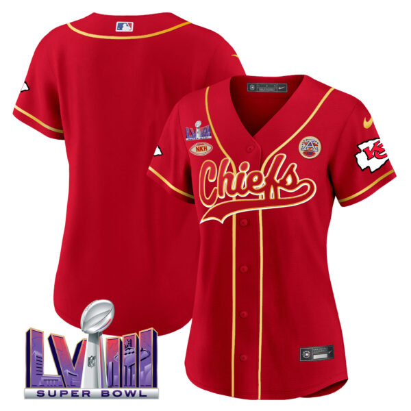 Women's Chiefs Super Bowl LVIII Patch Baseball Jersey - All Stitched - Image 7