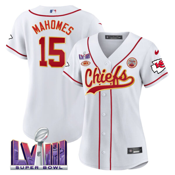 Women's Chiefs Super Bowl LVIII Patch Baseball Jersey - All Stitched - Image 8