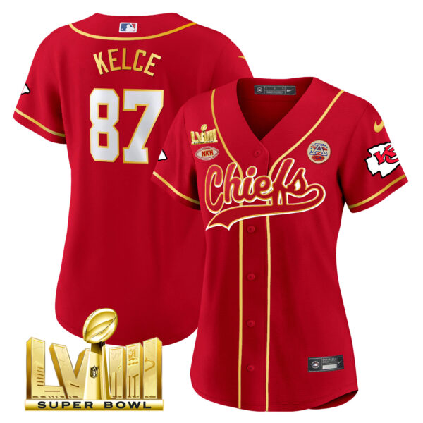 Women's Chiefs Super Bowl LVIII Gold Patch Baseball Jersey - All Stitched - Image 2