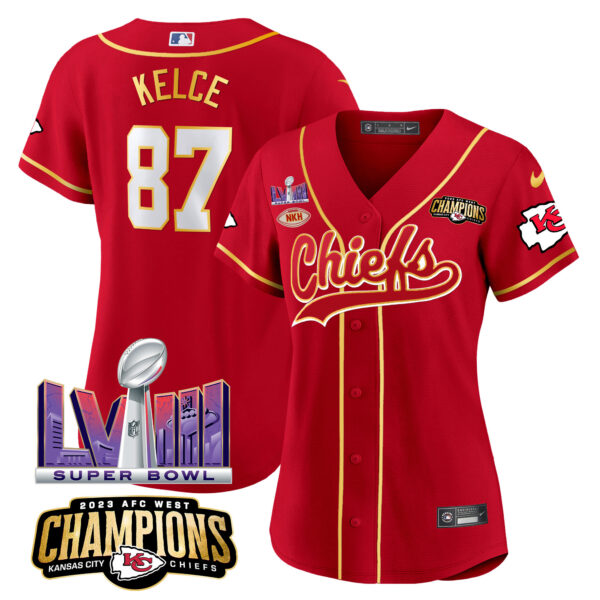 Women's Chiefs AFC West Champions & Super Bowl LVIII Patch Baseball Jersey - All Stitched - Image 2