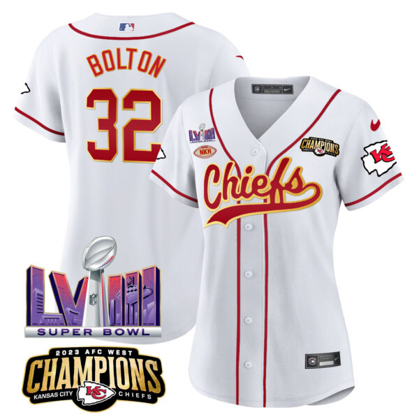 Women's Chiefs AFC West Champions & Super Bowl LVIII Patch Baseball Jersey - All Stitched - Image 13