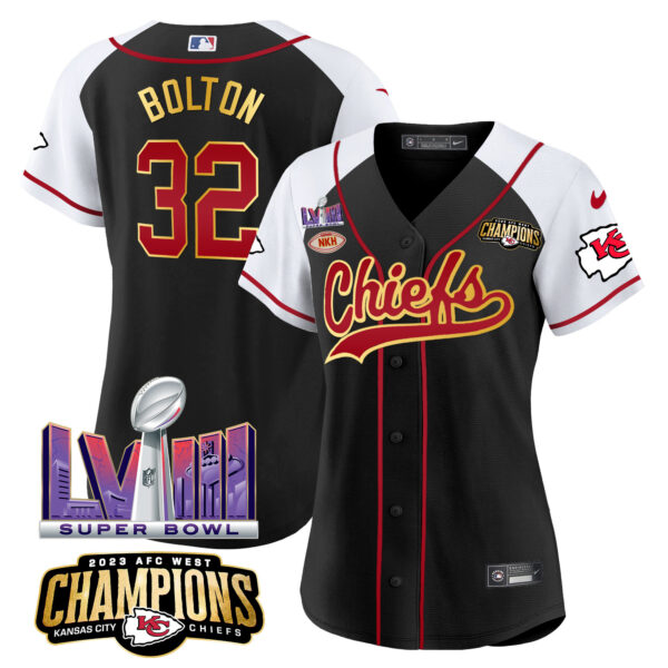 Women's Chiefs AFC West Champions & Super Bowl LVIII Patch Baseball Jersey - All Stitched - Image 27