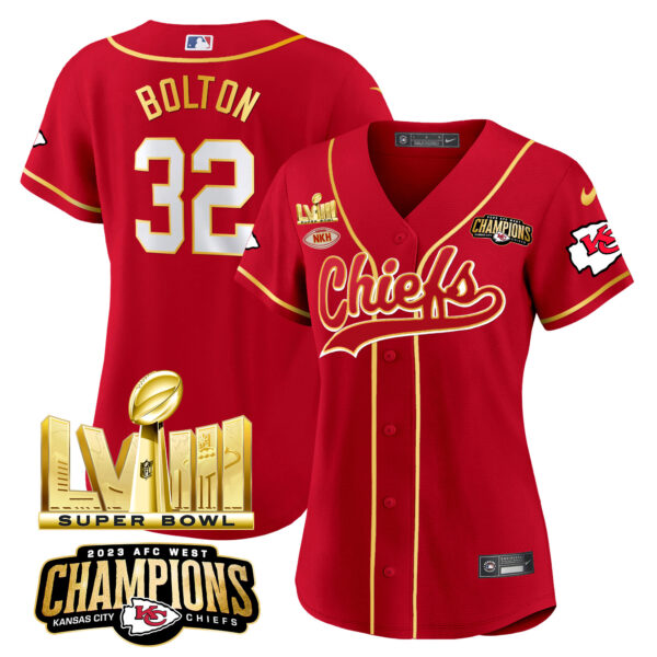 Women's Chiefs AFC West Champions & Super Bowl LVIII Gold Patch Baseball Jersey - All Stitched - Image 6