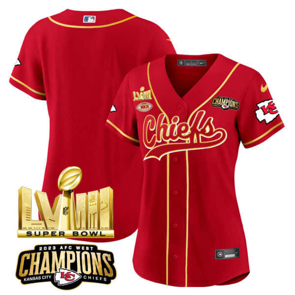Women's Chiefs AFC West Champions & Super Bowl LVIII Gold Patch Baseball Jersey - All Stitched - Image 7