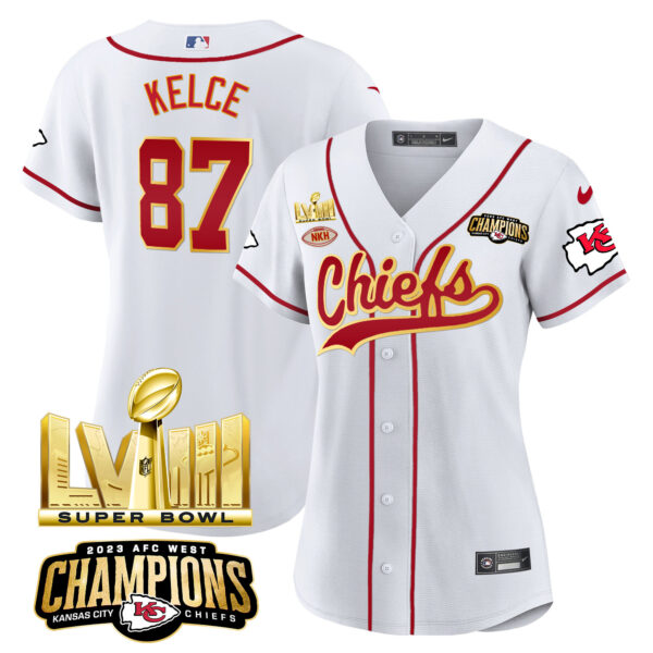 Women's Chiefs AFC West Champions & Super Bowl LVIII Gold Patch Baseball Jersey - All Stitched - Image 9