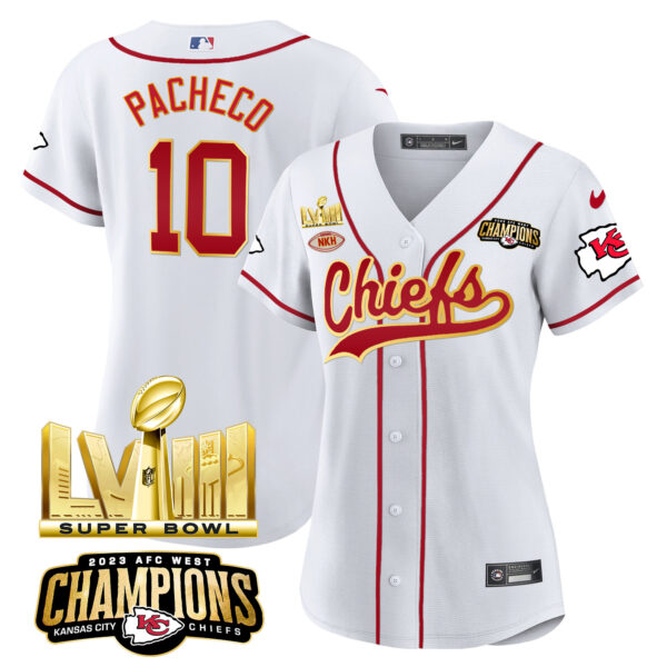 Women's Chiefs AFC West Champions & Super Bowl LVIII Gold Patch Baseball Jersey - All Stitched - Image 11