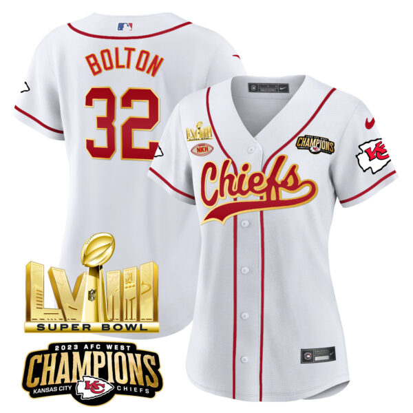Women's Chiefs AFC West Champions & Super Bowl LVIII Gold Patch Baseball Jersey - All Stitched - Image 13