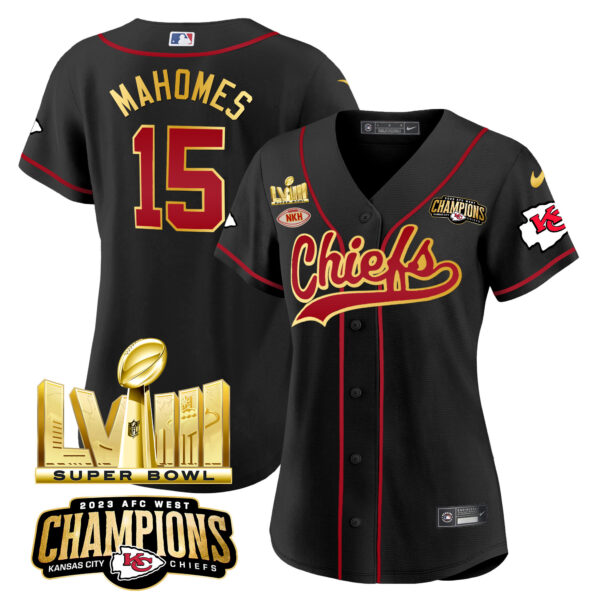 Women's Chiefs AFC West Champions & Super Bowl LVIII Gold Patch Baseball Jersey - All Stitched - Image 15