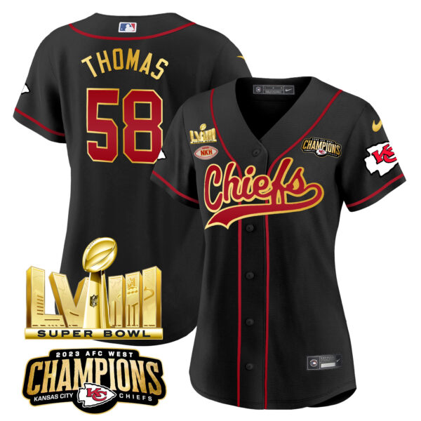 Women's Chiefs AFC West Champions & Super Bowl LVIII Gold Patch Baseball Jersey - All Stitched - Image 17