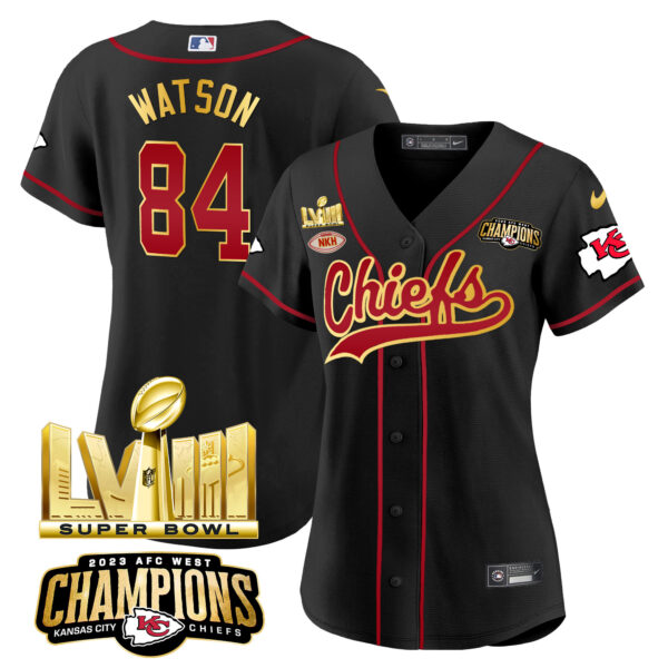 Women's Chiefs AFC West Champions & Super Bowl LVIII Gold Patch Baseball Jersey - All Stitched - Image 19