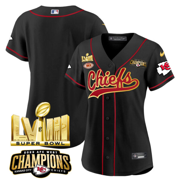 Women's Chiefs AFC West Champions & Super Bowl LVIII Gold Patch Baseball Jersey - All Stitched - Image 21