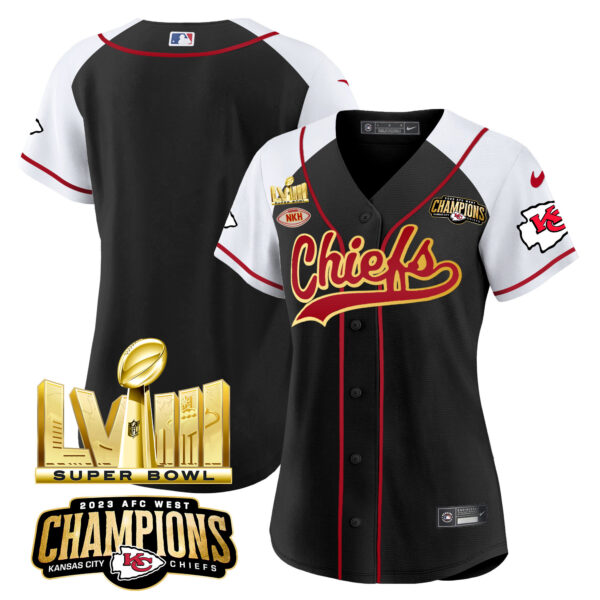 Women's Chiefs AFC West Champions & Super Bowl LVIII Gold Patch Baseball Jersey - All Stitched - Image 28