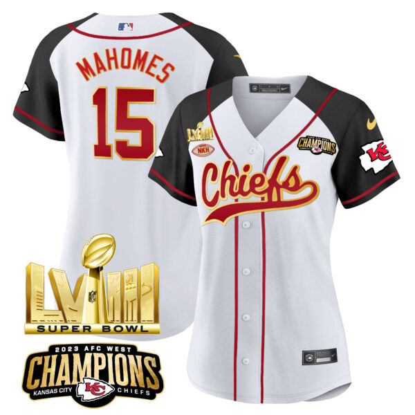 Women's Chiefs AFC West Champions & Super Bowl LVIII Gold Patch Baseball Jersey - All Stitched - Image 29