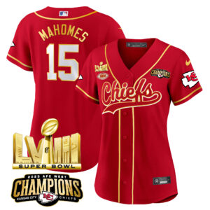 Women's Chiefs AFC West Champions & Super Bowl LVIII Gold Patch Baseball Jersey - All Stitched