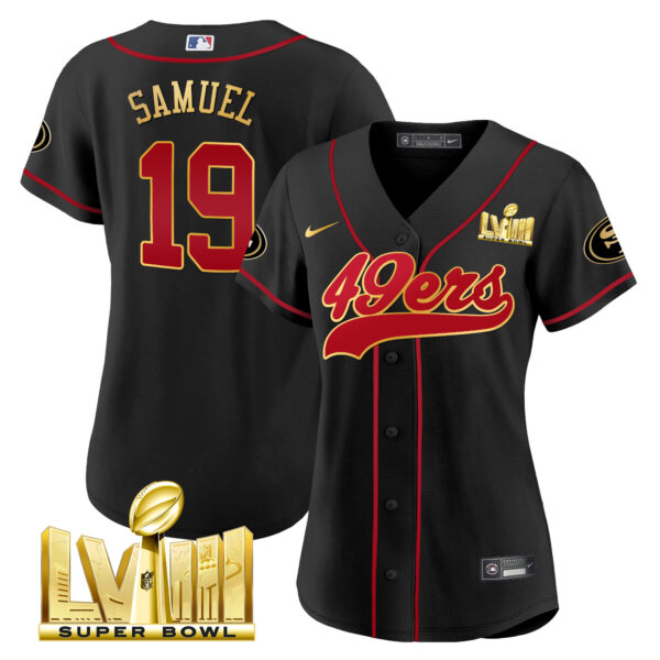 Women's 49ers Super Bowl LVIII Gold Patch Baseball Jersey - All Stitched - Image 2