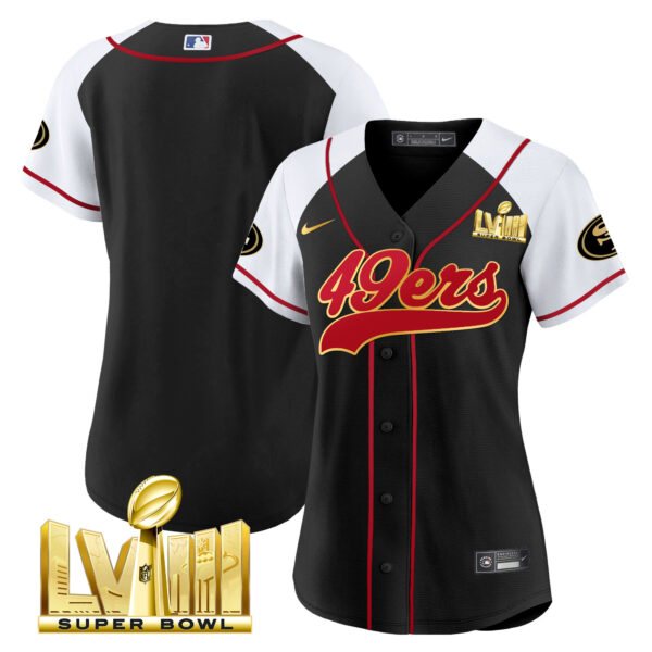 Women's 49ers Super Bowl LVIII Gold Patch Baseball Jersey - All Stitched - Image 40