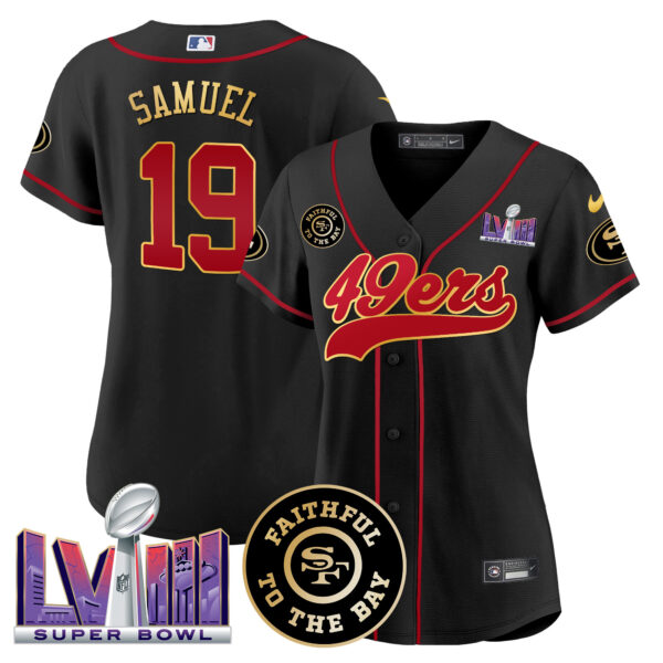 Women's 49ers Faithful & Super Bowl LVIII Patch Baseball Jersey - All Stitched - Image 2