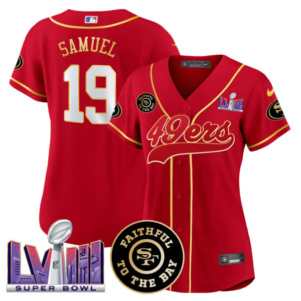 Women's 49ers Faithful & Super Bowl LVIII Patch Baseball Jersey - All Stitched - Image 12
