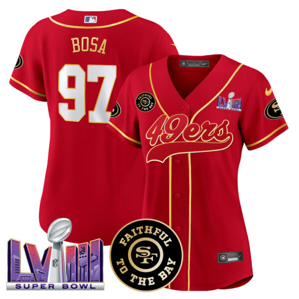 Women's 49ers Faithful & Super Bowl LVIII Patch Baseball Jersey - All Stitched - Image 17