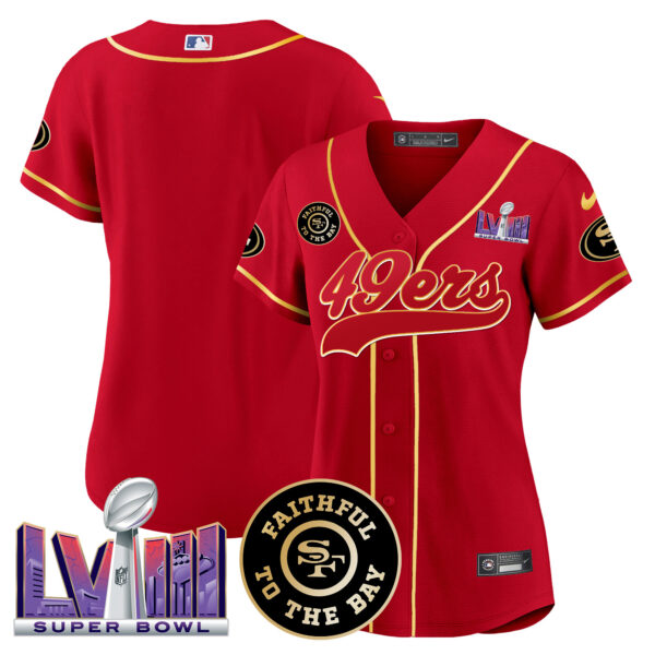 Women's 49ers Faithful & Super Bowl LVIII Patch Baseball Jersey - All Stitched - Image 20