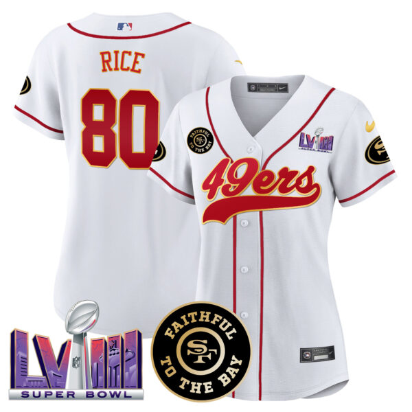 Women's 49ers Faithful & Super Bowl LVIII Patch Baseball Jersey - All Stitched - Image 26