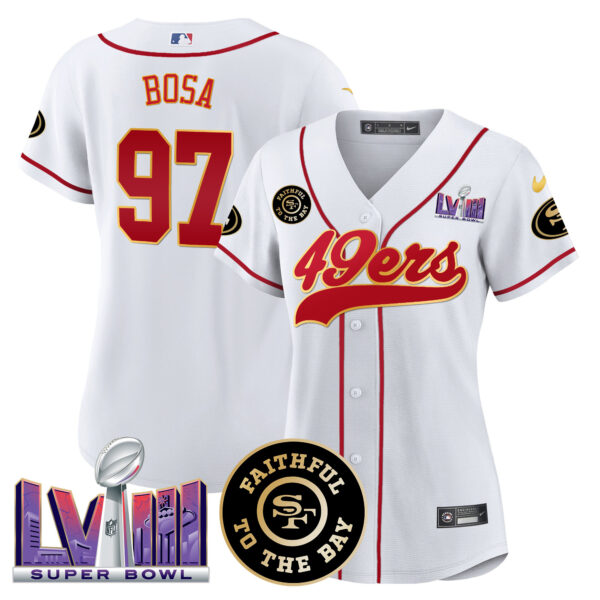 Women's 49ers Faithful & Super Bowl LVIII Patch Baseball Jersey - All Stitched - Image 27