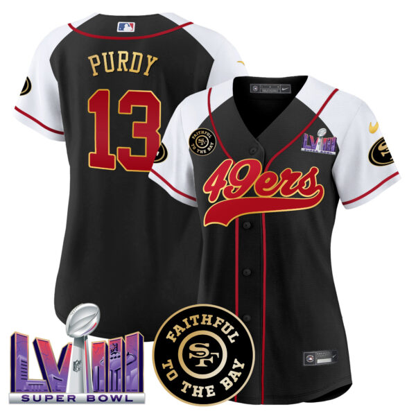 Women's 49ers Faithful & Super Bowl LVIII Patch Baseball Jersey - All Stitched - Image 33