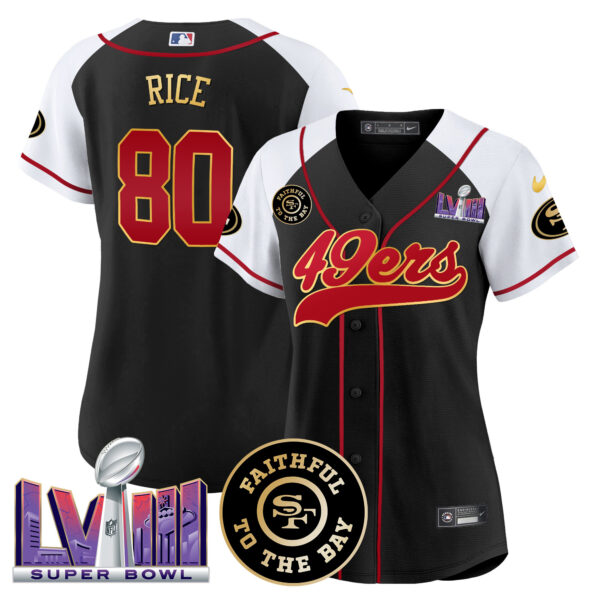 Women's 49ers Faithful & Super Bowl LVIII Patch Baseball Jersey - All Stitched - Image 36