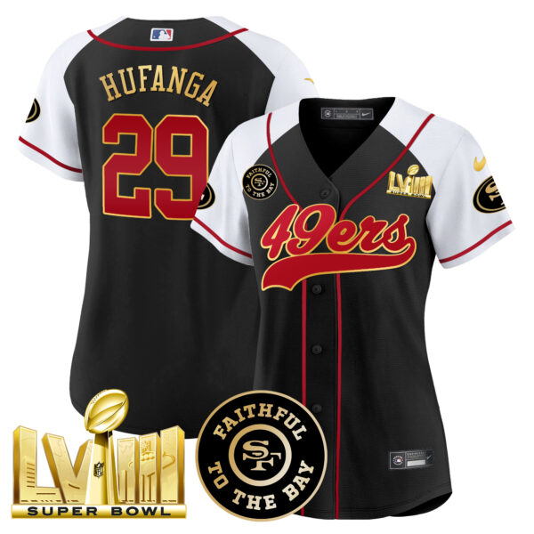 Women's 49ers Faithful & Super Bowl LVIII Gold Patch Baseball Jersey - All Stitched - Image 39