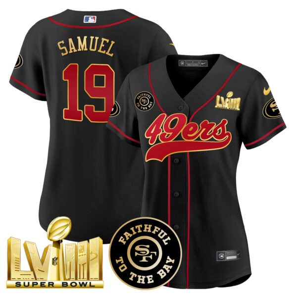 Women's 49ers Faithful & Super Bowl LVIII Gold Patch Baseball Jersey - All Stitched - Image 2