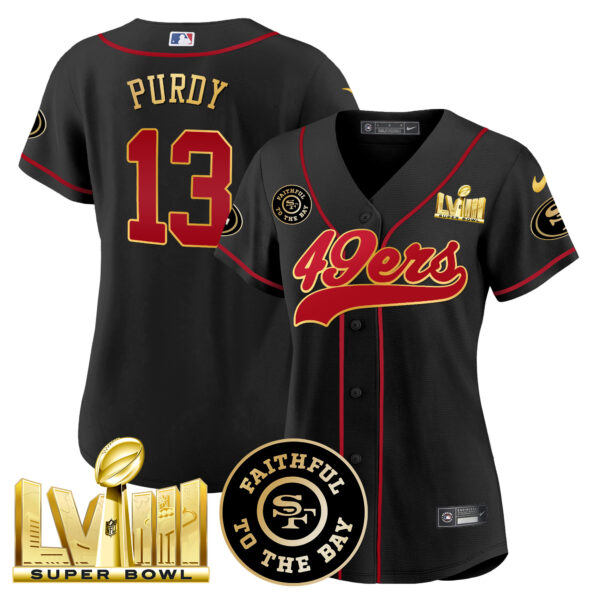 Women's 49ers Faithful & Super Bowl LVIII Gold Patch Baseball Jersey - All Stitched - Image 3