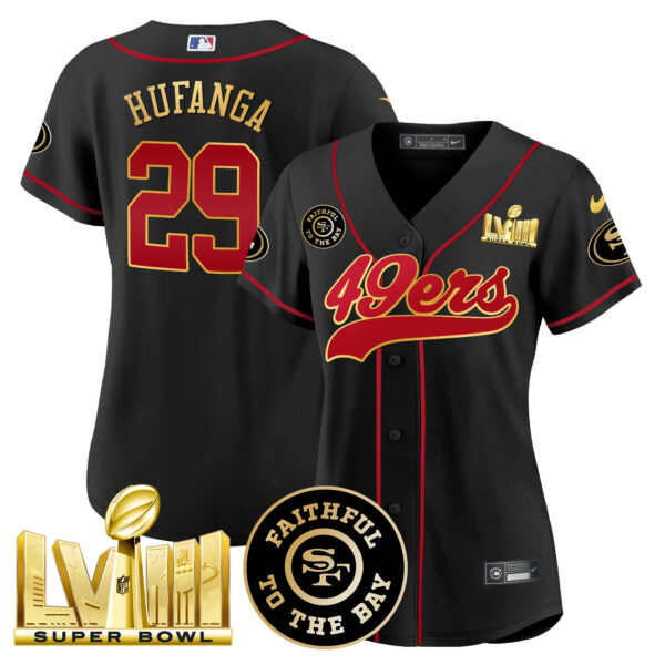 Women's 49ers Faithful & Super Bowl LVIII Gold Patch Baseball Jersey - All Stitched - Image 9