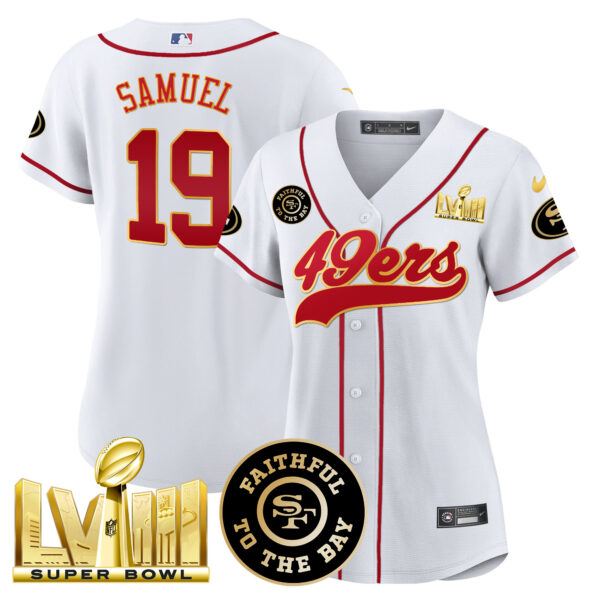 Women's 49ers Faithful & Super Bowl LVIII Gold Patch Baseball Jersey - All Stitched - Image 22
