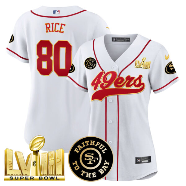 Women's 49ers Faithful & Super Bowl LVIII Gold Patch Baseball Jersey - All Stitched - Image 26