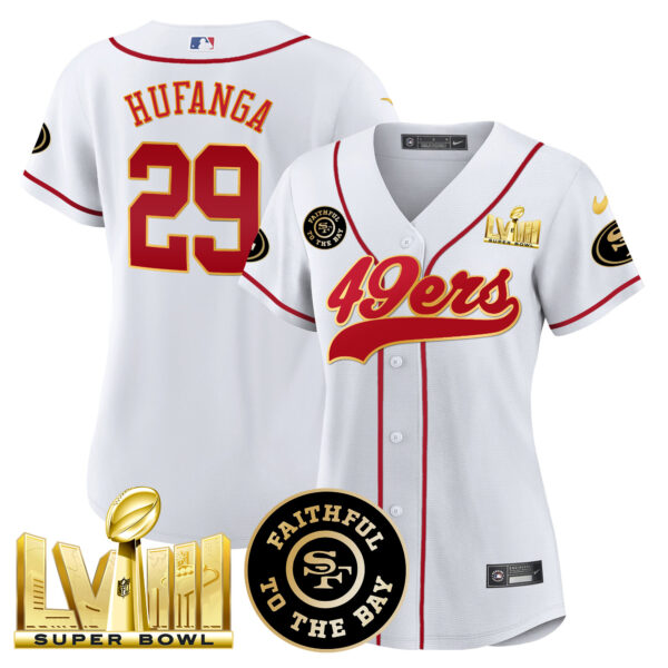 Women's 49ers Faithful & Super Bowl LVIII Gold Patch Baseball Jersey - All Stitched - Image 29
