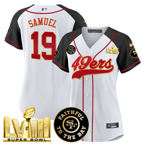 Women's 49ers Faithful & Super Bowl LVIII Gold Patch Baseball Jersey - All Stitched - Image 42