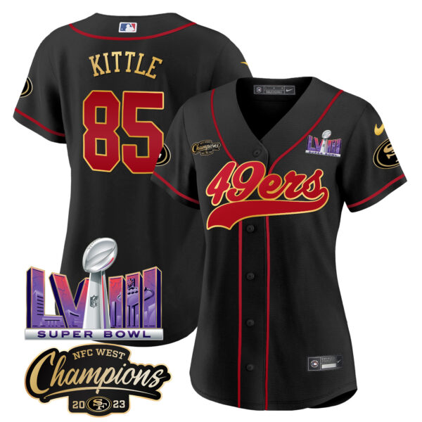 Women's 49ers NFC West Champions & Super Bowl LVIII Patch Baseball Jersey - All Stitched - Image 4