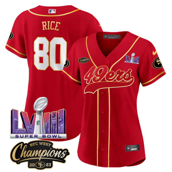 Women's 49ers NFC West Champions & Super Bowl LVIII Patch Baseball Jersey - All Stitched - Image 16