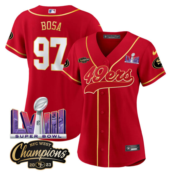 Women's 49ers NFC West Champions & Super Bowl LVIII Patch Baseball Jersey - All Stitched - Image 17