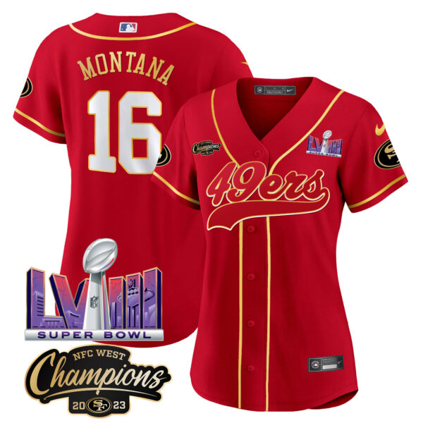 Women's 49ers NFC West Champions & Super Bowl LVIII Patch Baseball Jersey - All Stitched - Image 18