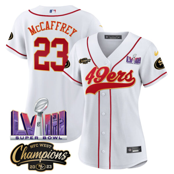 Women's 49ers NFC West Champions & Super Bowl LVIII Patch Baseball Jersey - All Stitched - Image 21