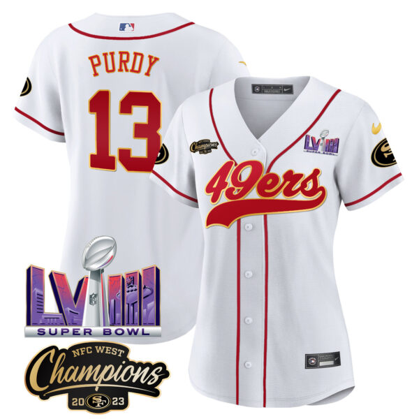 Women's 49ers NFC West Champions & Super Bowl LVIII Patch Baseball Jersey - All Stitched - Image 23