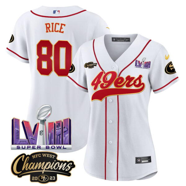 Women's 49ers NFC West Champions & Super Bowl LVIII Patch Baseball Jersey - All Stitched - Image 26