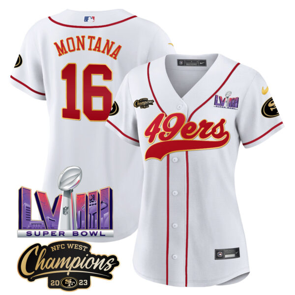 Women's 49ers NFC West Champions & Super Bowl LVIII Patch Baseball Jersey - All Stitched - Image 28