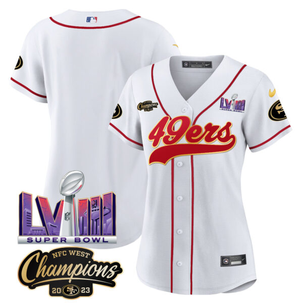 Women's 49ers NFC West Champions & Super Bowl LVIII Patch Baseball Jersey - All Stitched - Image 30